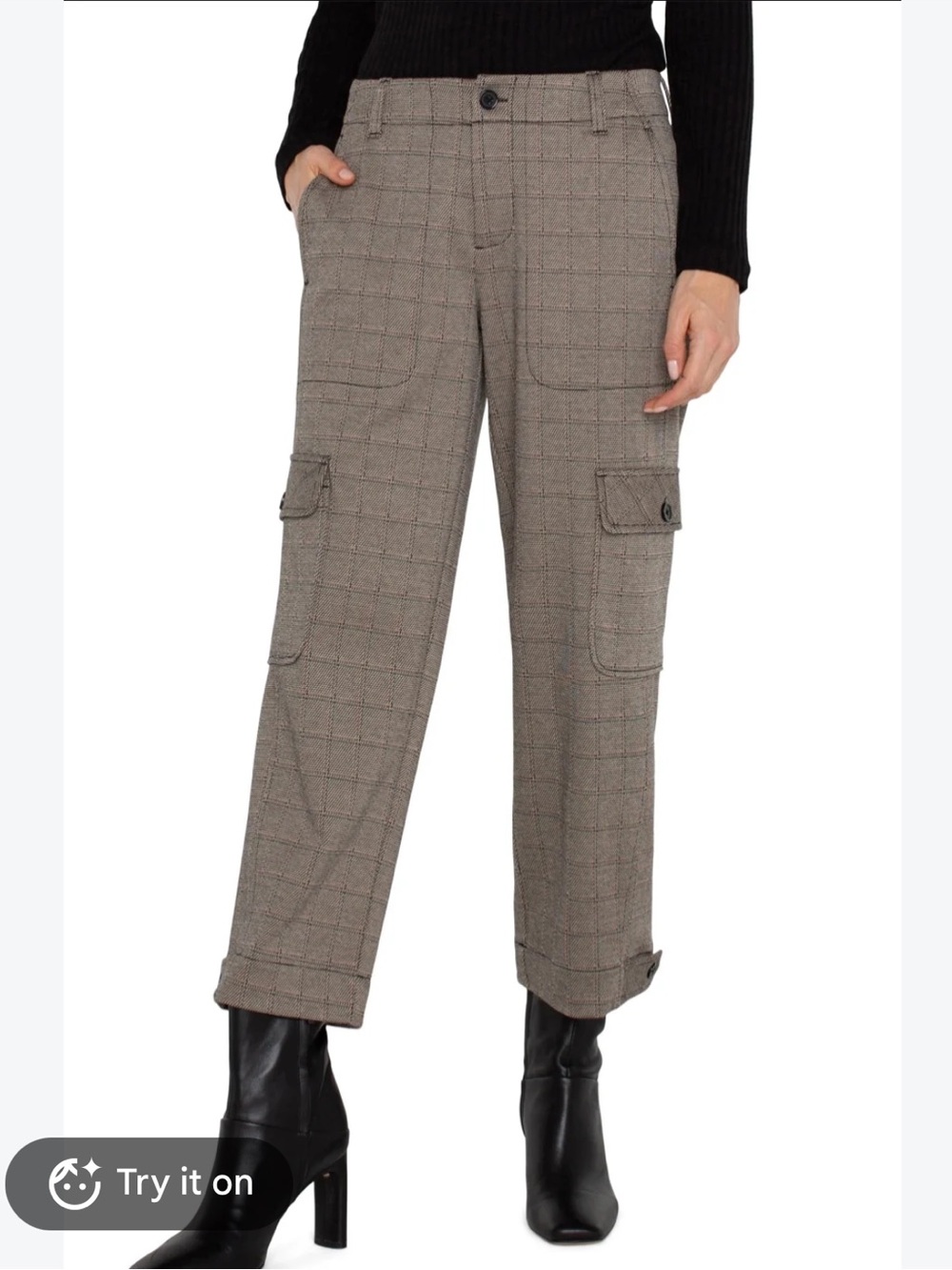 Liverpool Los Angeles Utility Cargo Crop Pants Brown Plaid Trousers Petite 6/28